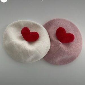 Little girls pink beret with red heart accent